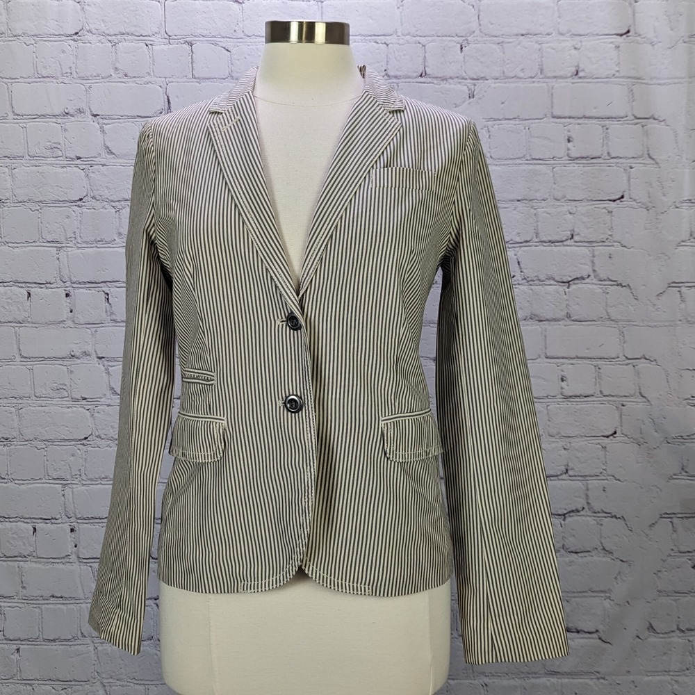 J.Crew Blazer Womens 6 Khaki Navy Blue Stripe 38834 Cotton Chambray Jacket